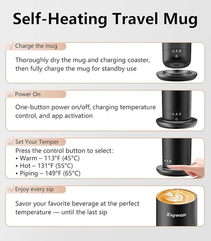 Kepwam Self-Heating Travel Mug 20oz, Temperature-Controlled Coffee Warmer Mug, Smart Travel Coffee Mug Keep Coffee Drinks Hot, Heated Mug Great for Driver Outdoor Fits Car Cup Holders