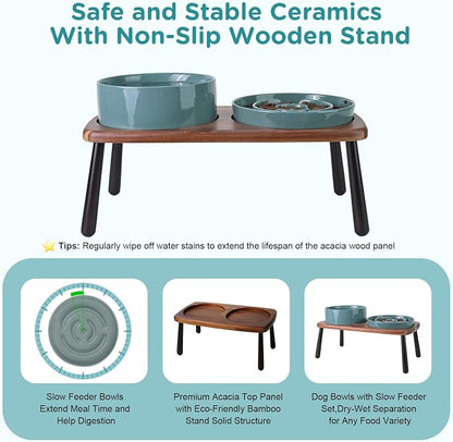 SPUNKYJUNKY Ceramic Elevated Dog Bowls with Slow Feeder Raised Acacia Bamboo Wooden Stand, 8.3'' Dog Food Water Bowls Set Non-Slip for Medium Large Sized Breed Microwave Dishwasher Safe - Dark Green