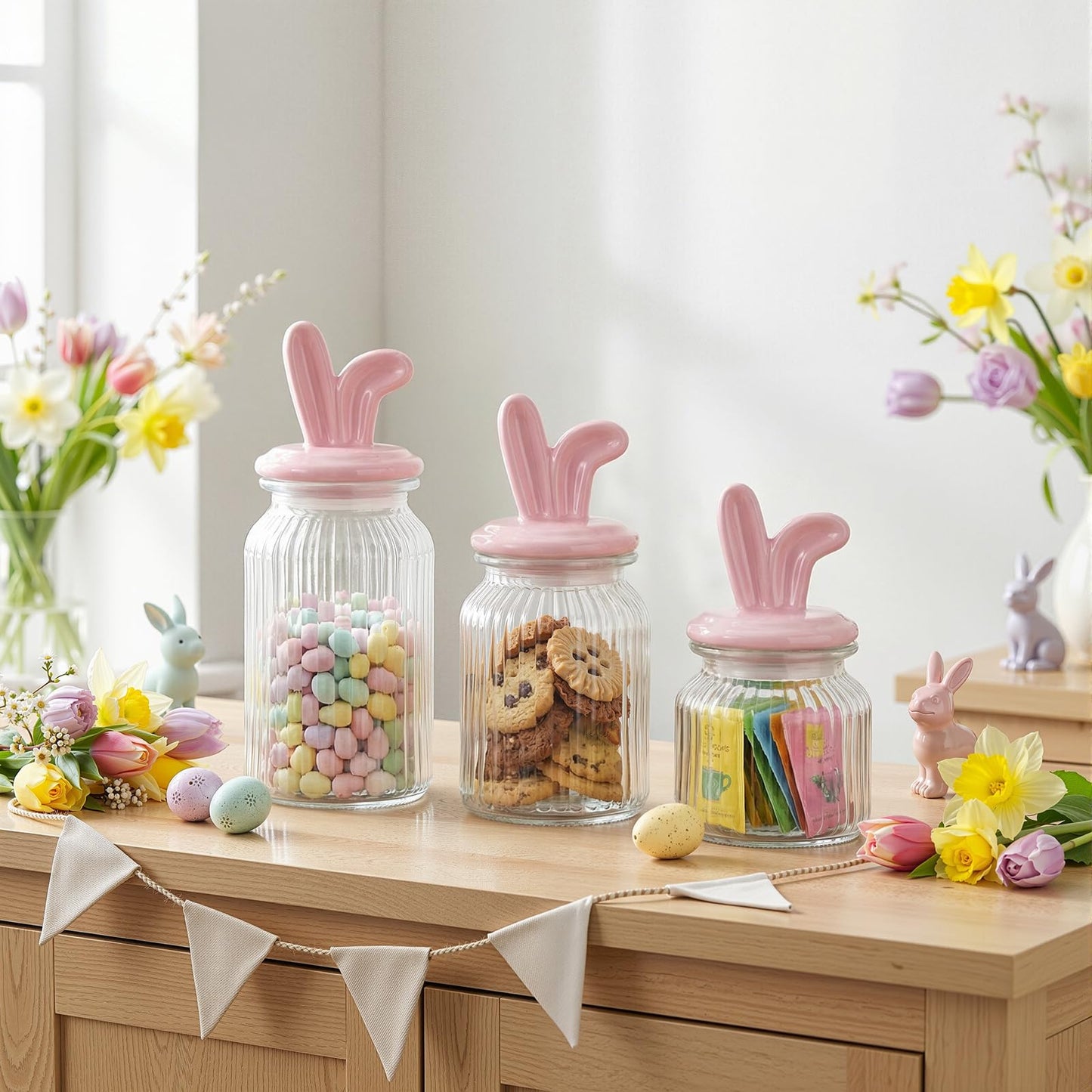 Potchen Easter Glass Jars with Airtight Lids Set of 3, 22oz, 34oz & 44oz Large Cookie Jar Set, Clear Candy Storage Canisters for Easter Party Gift Table & Countertop Decoration