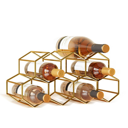Urban Deco Small Gold Wine Rack 9 Bottle Holder Countertop - No Need Assembly Modern Metal Wire Wine Storage for Counter Top Table Top Coffee Bar Kitchen