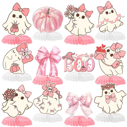 12 Pcs Pink Bow Ghost Honeycomb Centerpieces, Pink Halloween Party Favors Birthday Party Decorations Bow Ghost Centerpieces Decorations Supplies for Halloween Kids Teens Boys Girls Baby Shower