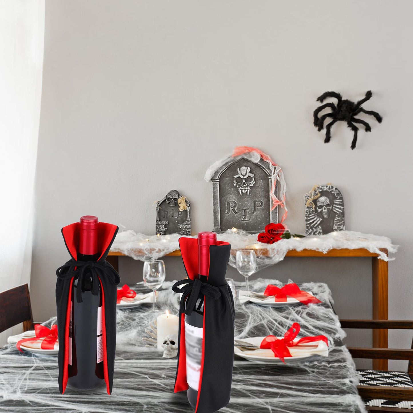 2pcs Halloween Wine Bottle Covers, Knitted Fabric Vampire Cape Bottle Decoration Halloween Party Decorations Home Decor & Themed Events (Black and Red)