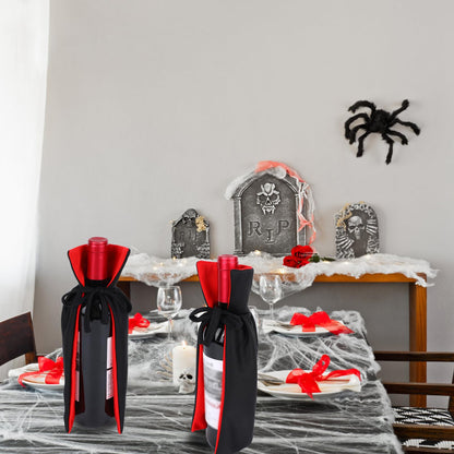 2pcs Halloween Wine Bottle Covers, Knitted Fabric Vampire Cape Bottle Decoration Halloween Party Decorations Home Decor & Themed Events (Black and Red)