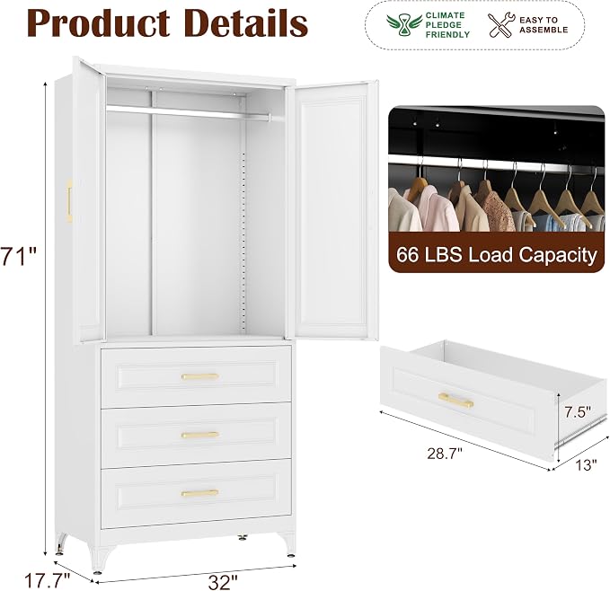 SteeLoong 71" Metal Armoire Wardrobe Closet with 3 Drawer，Tall Clothing Storage Cabinet with Adjustable Shelves and Hanging Rod,White Wardrobe Closet for Bedroom,Home,Office,Gym