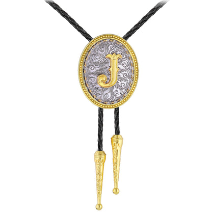 GelConnie Gold Bolo Tie Cowboy Necklace for Men Leather Rodeo Necktie Initial Letter ABCDMJR to Z Western Bolo Tie Texas Style Jewelry