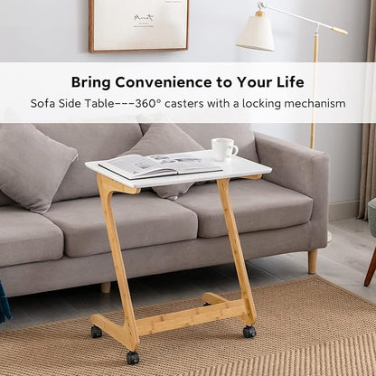 Nnewvante TV Tray, Sofa Side End Laptop Table with Wheels, Desk Snack Tray for Small Spaces Living Room and Bedroom, 23.5 Inch x 15.8 Inch (Standard with 360° Casters, Bamboo/White)
