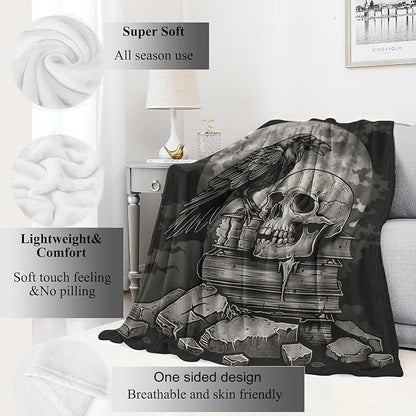 Gothic Skull Blanket,Goth Black Raven Spooky Throw Blankets,Gifts for Women Men, Lightweight Soft Fleece Cozy,for Sofa Couch Bed Room Travel,Festival Halloween Aesthetics Decor,40x50in