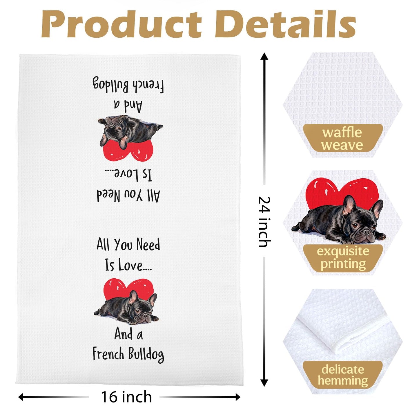 XIVENHAVM French Bulldog Kitchen Towels Set - French Bulldog Gifts for Women Decorative Waffle Dish Towels, Funny Frenchie Gift Hand Towels, Hostess Gifts Tea Towel, 16x24 Inch Set of 2
