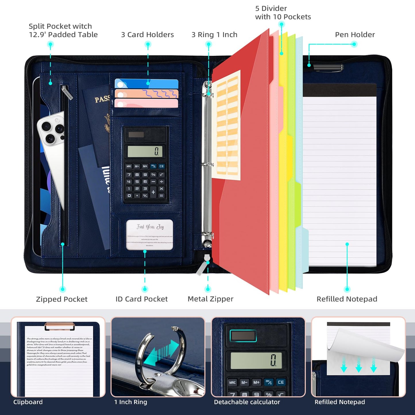 Ospelelf 3 Ring Portfolio Binder with Zipper, Leather Clipboard with Storage, Padfolio Folder for Men, 12.1” Tablet Sleeve, 5 Dividers with Pocket, Refillable Notepad, Card Slot (Navy Bule)