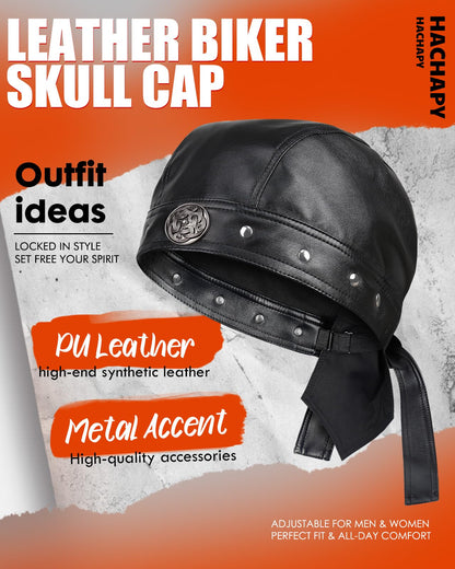 Hachapy Biker Cap for Women Leather, Adjustable Motorcycle Hat with Skull Fit & Toggle Buckle One Size Fits All