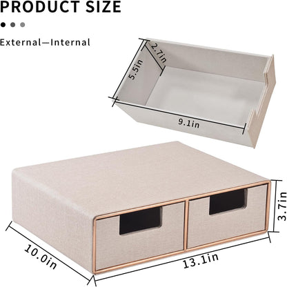 Linen Leather Desk Organizer with Drawers－Mini Desktop Drawer Organizer Stackable－Multifunctional Tabletop Organization Storage Box for Office Supplies Home Vanity Toiletries (Beige, 2-drawers)