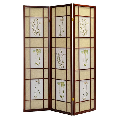 Legacy Decor Room Divider Screen - Freestanding Folding Privacy Screen, Pine Wood Indoor Room Partition, Botanical Floral Wall Divider for Bedroom, Office, Studio, 71 Inch Tall, Cherry - 4-Panel
