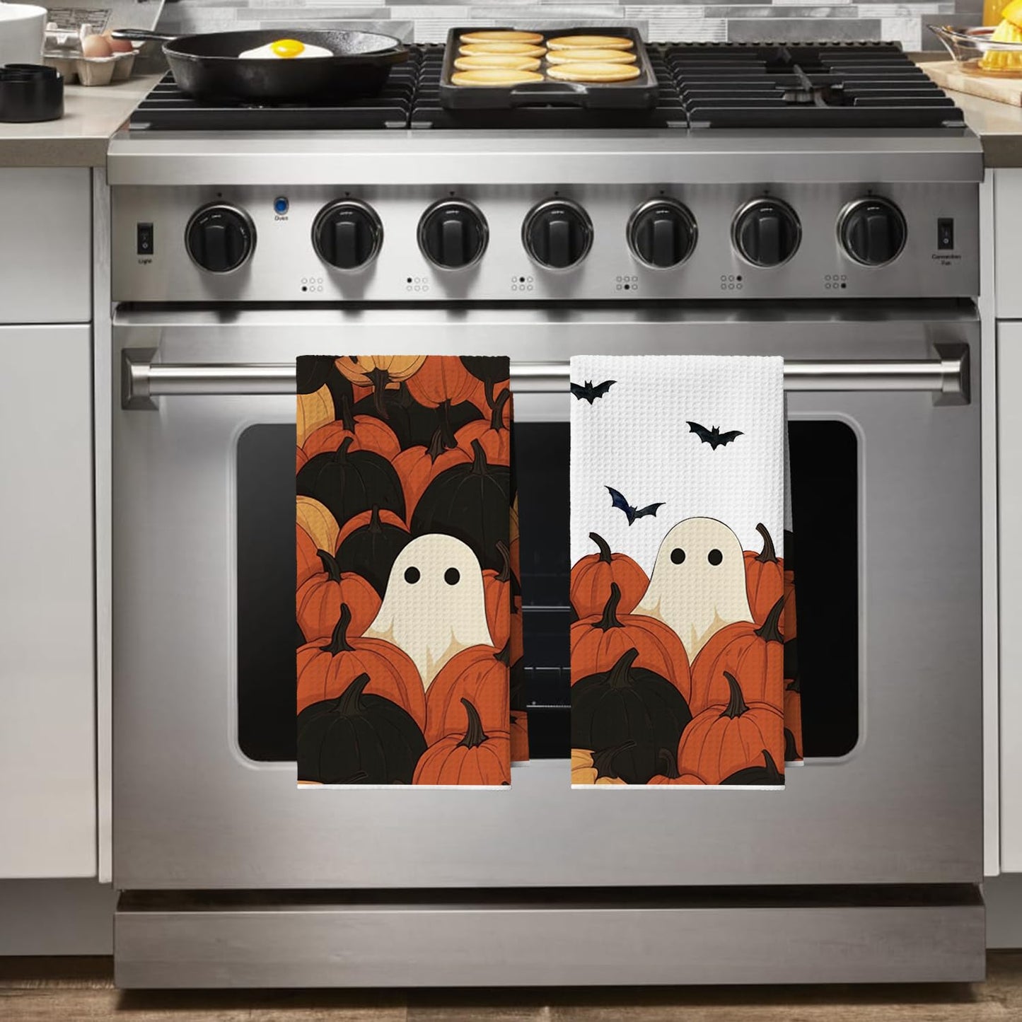 Artoid Mode Black Pumpkin Ghost Halloween Bar Kitchen Towels, 12x24 Inch Quick Dry Microfiber Cloth Dish Towels for Kitchen Drying Set of 2