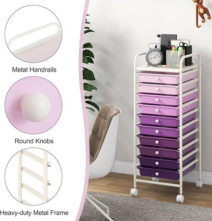 MEDIMALL 10 Drawers Rolling Storage Cart, Multipurpose Craft Storage Cart with Wheels, Mobile Tools Scrapbook Paper Organizer Cart for Office School Home Use