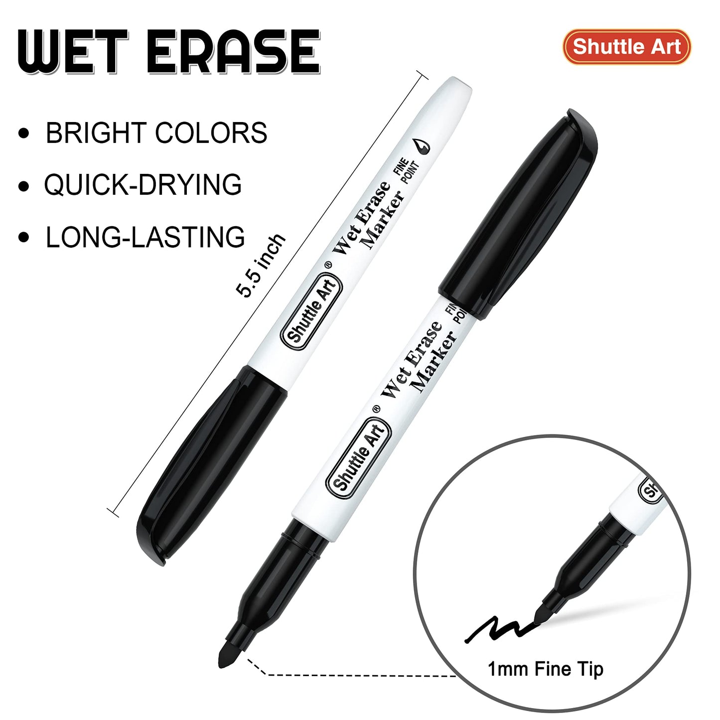 Shuttle Art Wet Erase Markers, 15 Pack Black 1mm Fine Tip Smudge-Free Markers, Use on Laminated Calendars,Overhead Projectors,Schedules,Whiteboards,Transparencies,Glass,Wipe with Water