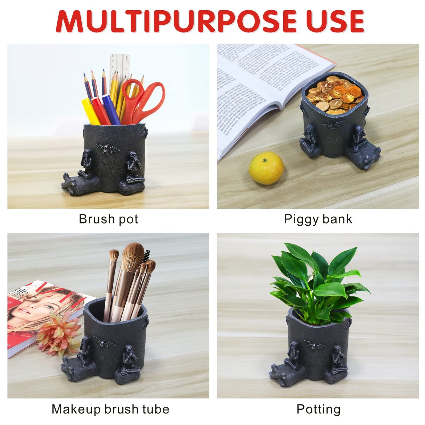 Skull Decor Pen Holder with Phone Stand Gothic Desk Accessories Black Skeleton Pencil Storage Organizers Goth Offices Supplies Home Halloween Decorations Unique Spooky Gifts for Men Women Dad Teacher