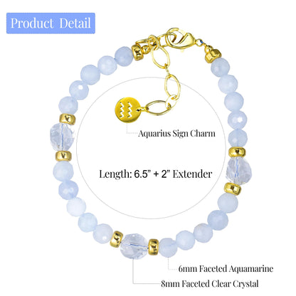 Ayriwoyi Aquarius Zodiac Bracelet Aquamarine Clear Quartz Crystal Healing Beads Bracelet 12 Constellations Bracelets Adjustable Astrology Jewelry Gift Women