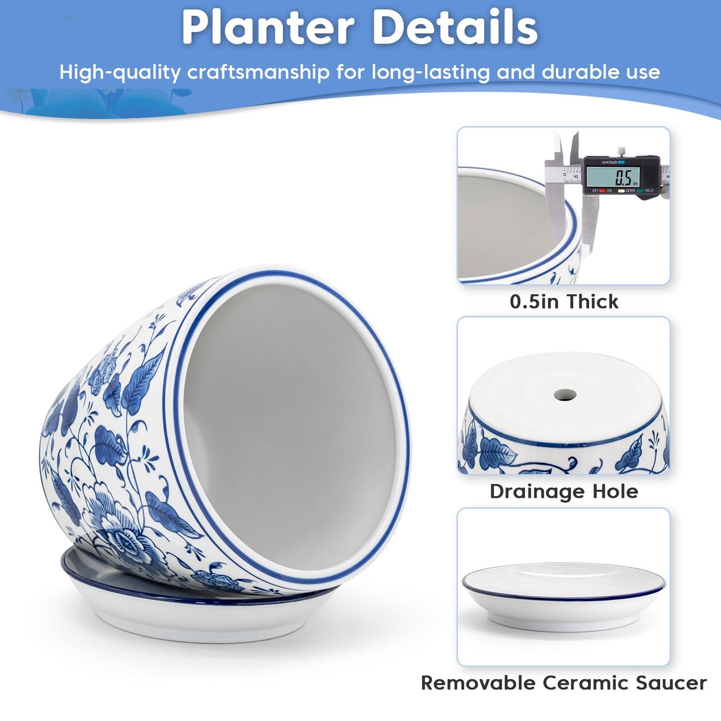 HakkaGirl 8 inch Ceramic Planters for Indoor Plants, Chinoiserie Decor Ceramic Pots for Plants Flower Plant Pots Indoor with Drainage and Saucer, Blue and White