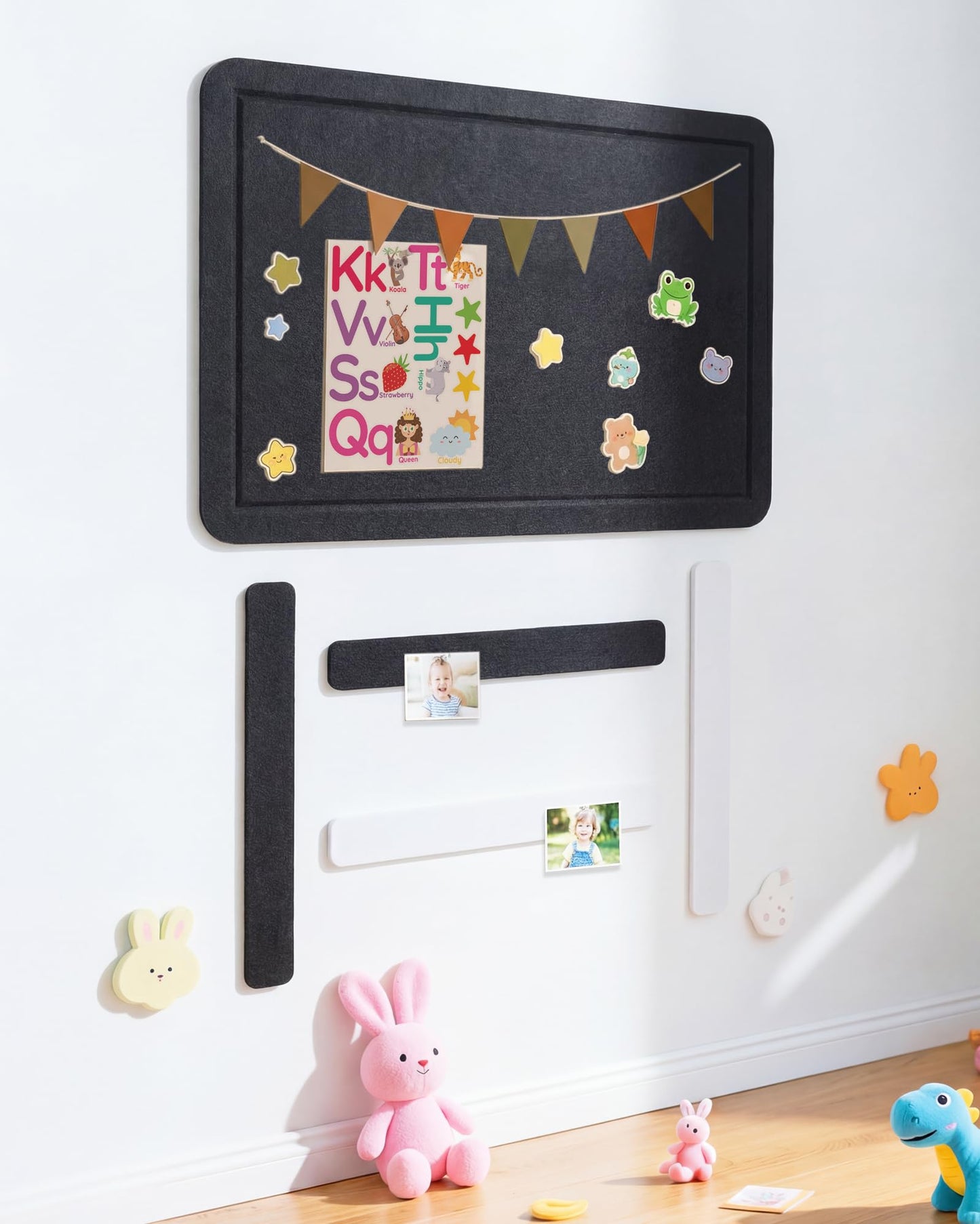 Small Felt Bulletin Board and 4 pcs Bar Strips Set, 24"X16" Cork Board Alternative with Removable Adhesive Tabs, 30 Push Pins for Office, Classroom, Bedroom, Walls Decorations - Black