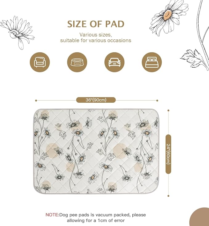 IEUUMLER Washable Pee Pads for Dogs, 2 Pack Non-Slip & Waterproof Pack Whelping Pad, Reusable Washable Puppy Potty Training Pad with Fast Absorbent for Playpen EU007 (Beige Daisy, 36"X24"-2pcs)