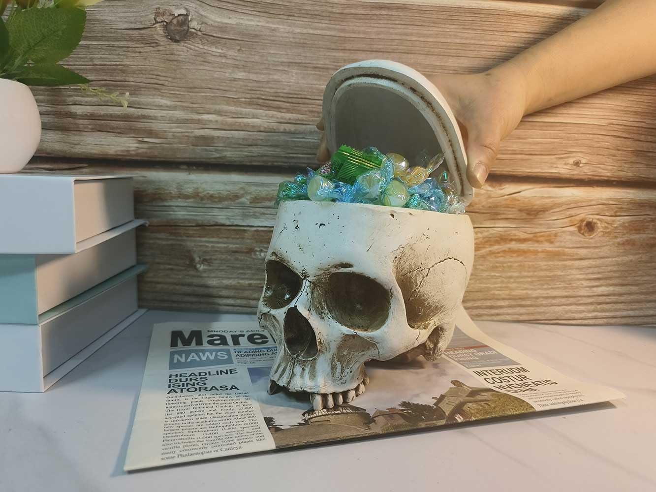 CUZOKOLA Larger 6.9" Human Skull Candy Dish with Lid,Big Skull Candy Jar,Skull Head Decor Statue Resin Mold for Halloween Skull Candy Bowl,Skull Home Decoration,White Skull Skeleton Bowl Sculpture