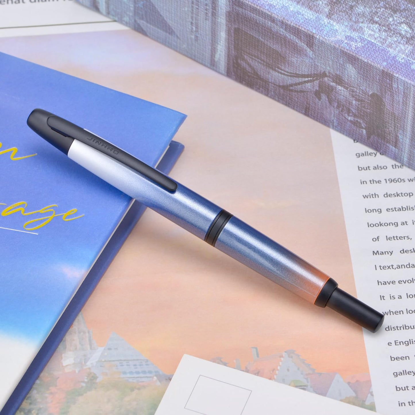 Jinhao 10 Press Fountain Pen with Box, Gradient Dark Blue Retractable Extra Fine Nib with Ink Converter Set (Black Clip)