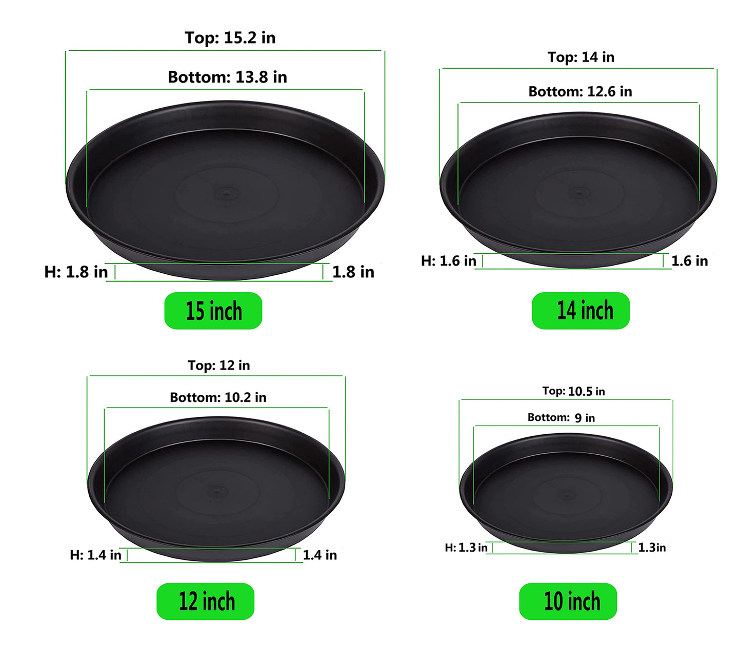 NABAOXUN 8 Pack 10Inch 12Inch 14Inch 15 Inch Plant Saucer Plastic Plant Saucer Drip Trays Plant Saucers for Indoors Outdoor Plant (10+12+14+15 inch) Black