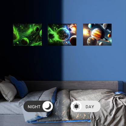 Quanhaigou Glow in The Dark 3D Space Wall Decals, Set of 3 Galaxy Window Stickers for Wall,Planet Themed Room Decor for Kids Boys (Galaxy Glow Green)
