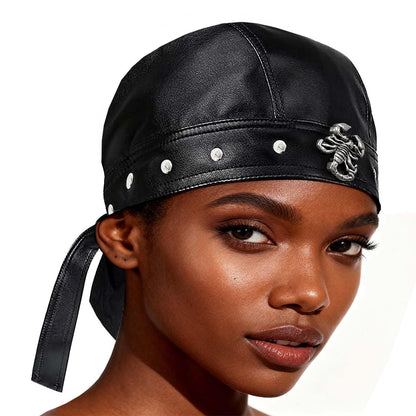 Punk Biker Leather Cap with Necklace for Women Skull Motorcycle Hat with Snug Fit, Stylish Biker Head Wrap & Riding Cap for Badass Look Adjustable Black