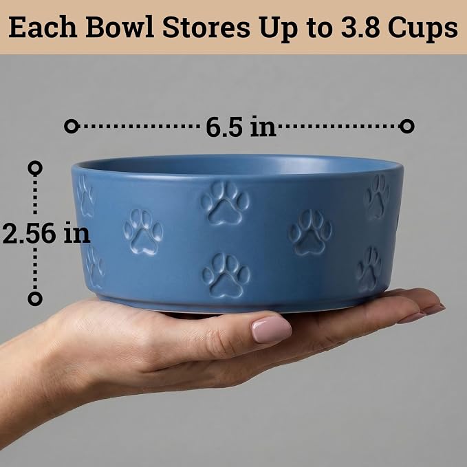 Ceramic Dog Bowl Set of 2 with Anti-Skid Base - 6.5" Wide x 2.5" Tall Ceramic Dog Bowls Medium Sized Dogs - 3.8 Cup Capacity Food and Water Bowls for Dogs - Rubber Bottom Pet Bowl Set of 2 Medium Size