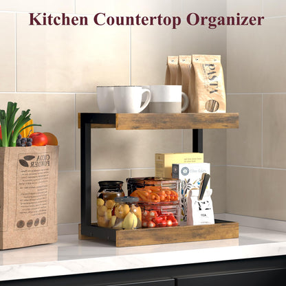 MARTY 2 Tier 15.75"x8.9" Large Countertop Shelf Organizer Spice Rack, Coffee Station Organizer for Mugs Cups, Wooden Shelf Desktop Storage Organizer for Kitchen Bathroom Home Office (Rustic Brown)