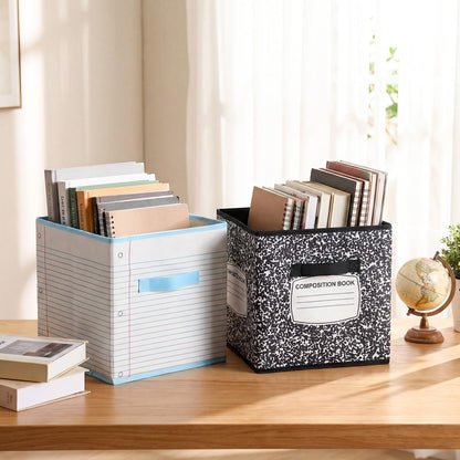 Briwooody 6 Pcs 11 Inch Composition Book Classroom Fabric Storage Bins Cube Classroom Must Have Cubby Basket Bin Notebook School Collapsible Storage Treasure Prize Box for Daycare Elementary Preschool