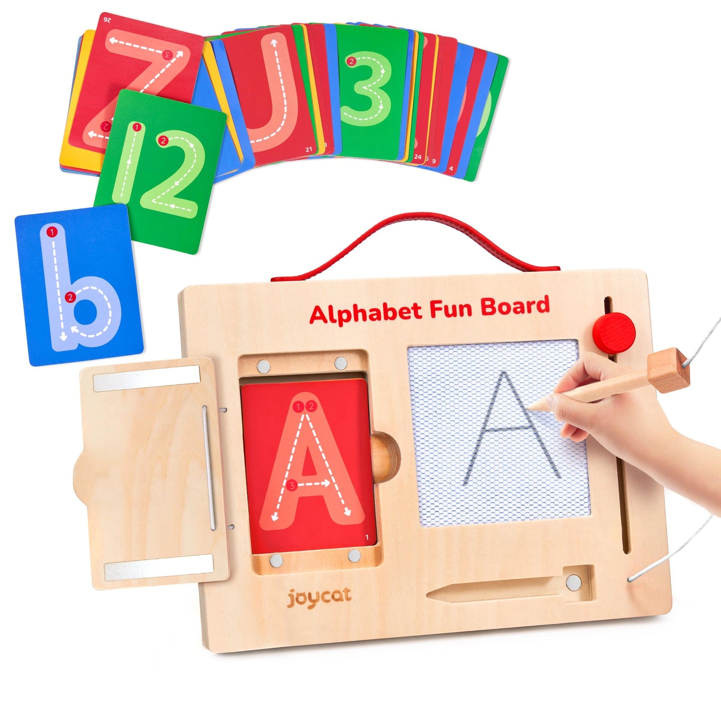 JoyCat Wooden Letter Tracing Board for Toddlers 3-5, Magnetic Alphabet & Number Writing Practice Board with 36 Double-Sided Cards, Reusable Preschool Handwriting Toy, Travel Learning Activity
