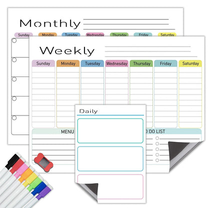 Hivillexun Magnetic Dry Erase Calendar for Fridge - 3 Pack Monthly, Weekly & Daily Planner Set (14"x11"), Includes 8 Ultra-Fine Tip Magnetic Markers & Large Bone Eraser, Reusable Whiteboard