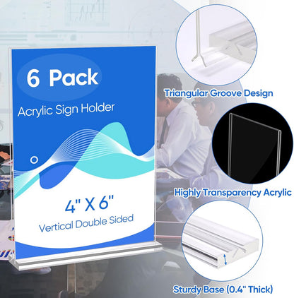 6 Pack Acrylic Sign Holder 4 x 6, Clear Double Side T Shape Acrylic Table Sign Stands for Displaying, Flyer Holder Paper Card Holder for Office Business Store Mall Restaurants
