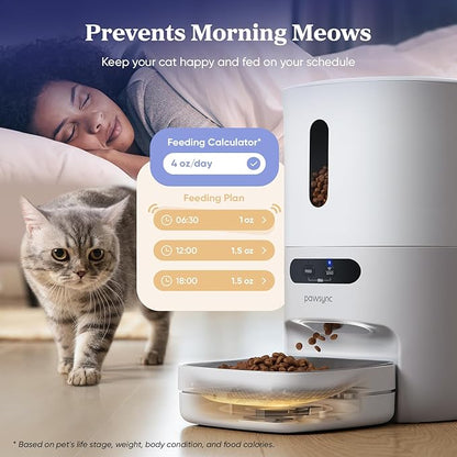 Pawsync Automatic Cat Feeder, WiFi Smart Scale Tracks Pet's Food Intake, App Control, 3.6L Timed Food Dispenser for Cats and Dogs, Up to 10 Meals Per Day, Stainless Steel Bowl, Dual Power Supply