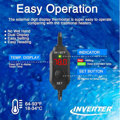 Aquarium Heater 100W, Submersible Fish Tank Heater with LED Digital Display, Auto Power-Off When Leaving Water & High Temp Protection, for Fresh and Salt Water Tanks 10-20 Gal