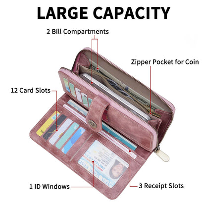 FALAN MULE Womens Wallet RFID Blocking Large Capacity Bifold Leather Credit Card Holder with Zipper Pocket Purse