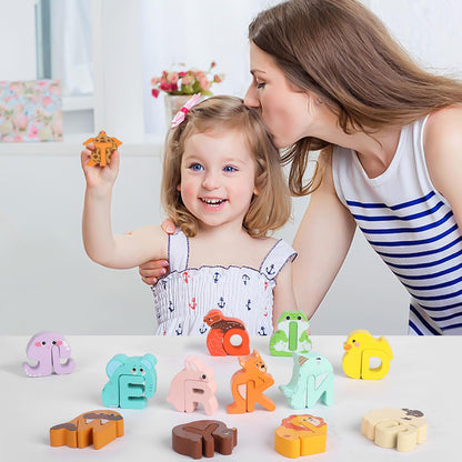 Lasoba Animal Alphabet Puzzle Matching Game - Wooden Alphabet Learning Toys, ABC Puzzles for Toddlers 2-4, Montessori Educational Toys for Kids Ages 3-5 Up