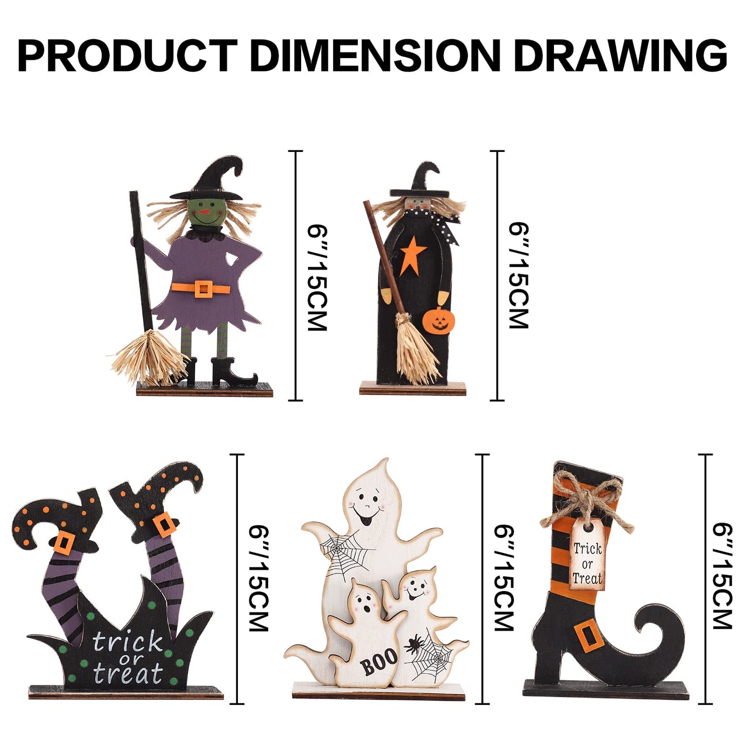 SY Super Bang 5pcs Halloween Wooden Decorations, Halloween Tabletop Centerpiece Craft Decor Including Witch/Ghost/Shoes Decor for Home, Indoor, Holiday, Party Supplies, Kid's Gift.