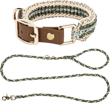 Tirevt Hand-Woven Dog Collar and Leash Set:Color-Block Design, Premium Reinforced Buckle, Adjustable Artisan Paracord for Puppies, Small, Medium & Large Dogs (Green, S)