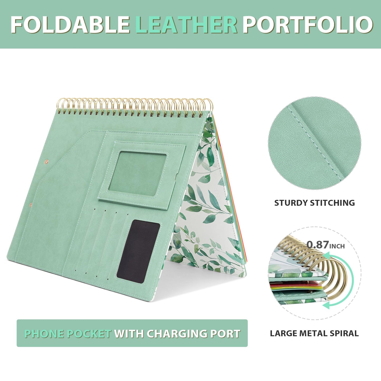 Ospelelf Clipboard with Storage, Leather Padfolio Portfolio Organizer 5 Folders with 10 Pockets, Spiral Clipboard Folio with Notepad for Letter Size, Elastic Closure and Pen Loop Green Plants