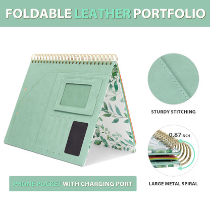 Ospelelf Clipboard with Storage, Leather Padfolio Portfolio Organizer 5 Folders with 10 Pockets, Spiral Clipboard Folio with Notepad for Letter Size, Elastic Closure and Pen Loop Green Plants