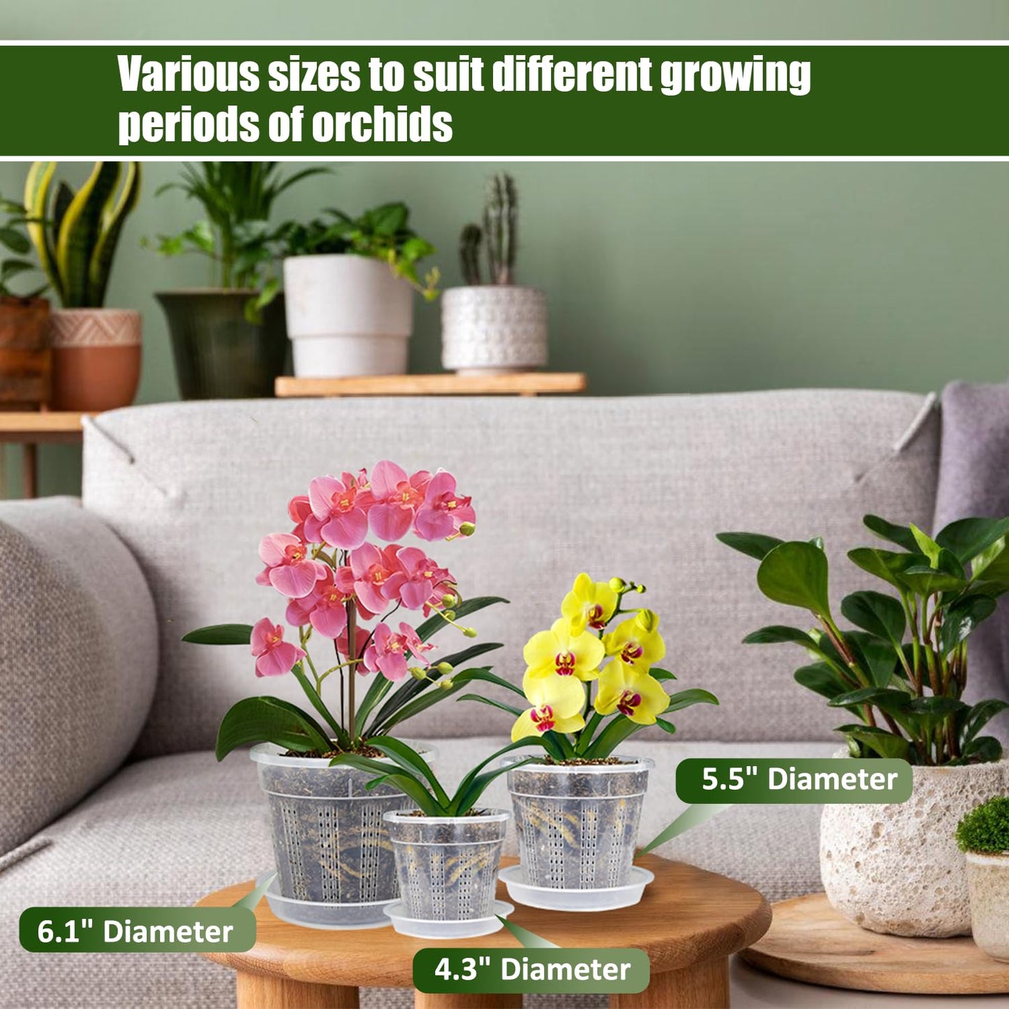 Orchid Pot with Saucers, 9 Pack Orchid Pots with Holes and 12Pcs Plant Stakes, 3 Each of 4.3",5.5",6.1" Clear Plastic Plant Pot for Indoor Outdoor Plants(3 Each of 4.3", 5.5", 6.1" + Saucers)