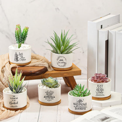 Havawish 12 Pcs Book Lover Gifts Succulent Pots Ceramic Bookworm Planter Pot with Bamboo Tray Bookish Succulent Planter Thank You Gift for Women Teachers Employee, Bookshelf Decor
