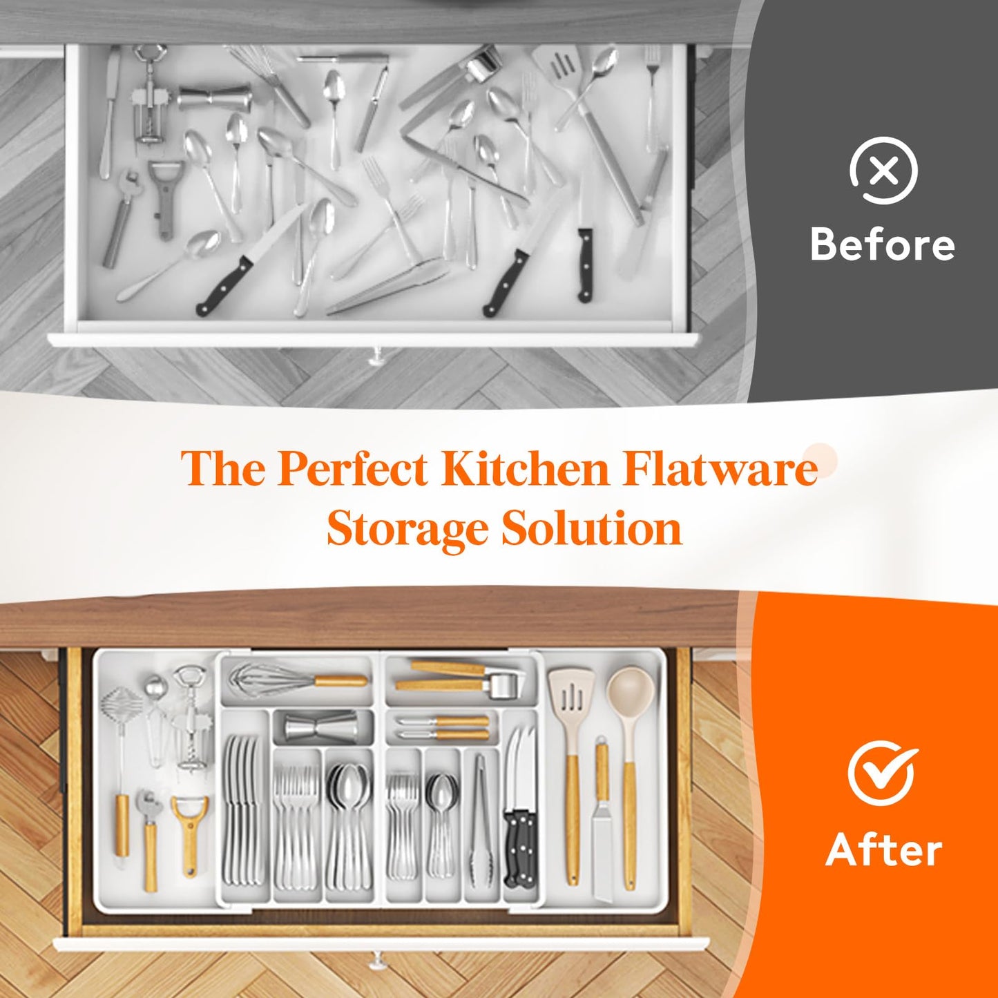 Lifewit Large Silverware Drawer Organizer, Expandable From 21 to 36 Inches, BPA Free Plastic Utensil Tray for Kitchen, Adjustable Flatware and Cutlery Holder for Spoons Forks Knives, Black
