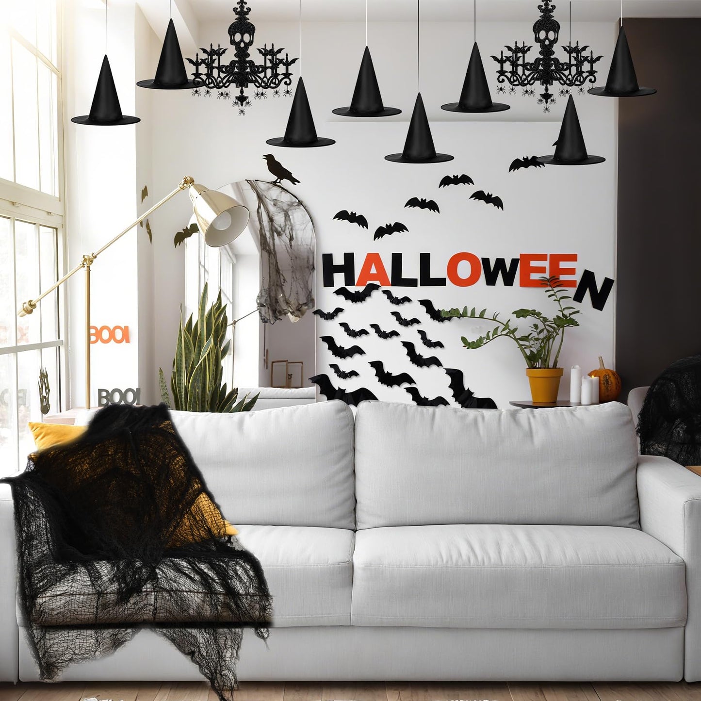 Dunzoom 52 Pcs Halloween Chandelier Decoration Hanging Ceiling Decorations Haunted House Including Skull Glitter Cardboard Ceiling Witch Hat Bat Horror Mesh for Halloween Haunted House Indoor Party