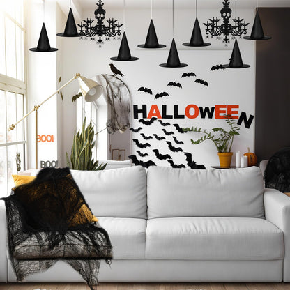 Dunzoom 52 Pcs Halloween Chandelier Decoration Hanging Ceiling Decorations Haunted House Including Skull Glitter Cardboard Ceiling Witch Hat Bat Horror Mesh for Halloween Haunted House Indoor Party