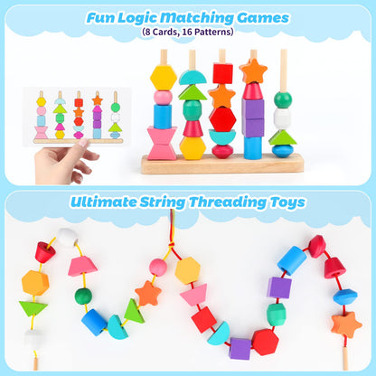 Montessori Wooden Beads Sequencing Toy Set, Stacking Blocks & Lacing Beads & Matching Shape Stacker, Montessori Toys for 3 4 5 Year Old STEM Preschool Learning Toys Gifts for Kids Boy Girl Toddler