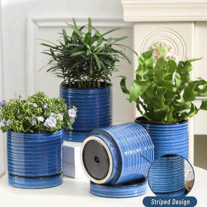 HASENSE Ceramic Plant Pots with Saucers Set of 4, 4.6 Inch Planters for Indoor Plants with Drainage Holes,Blue Flower Pots for Snake Plants & Cactus, Modern Farmhouse Windowsill & Tabletop Decor